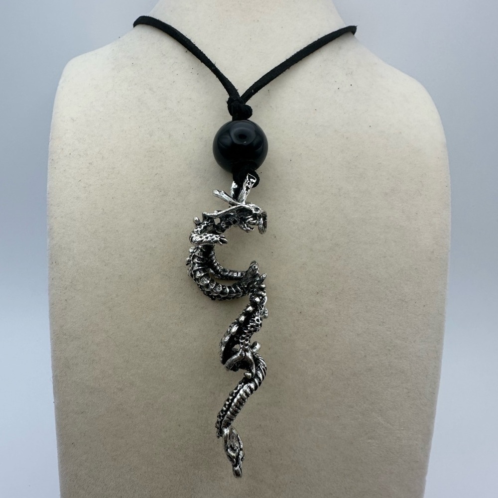 Silver Dragon Pendant Necklace on Faux Leather - Picture 4 of 7
